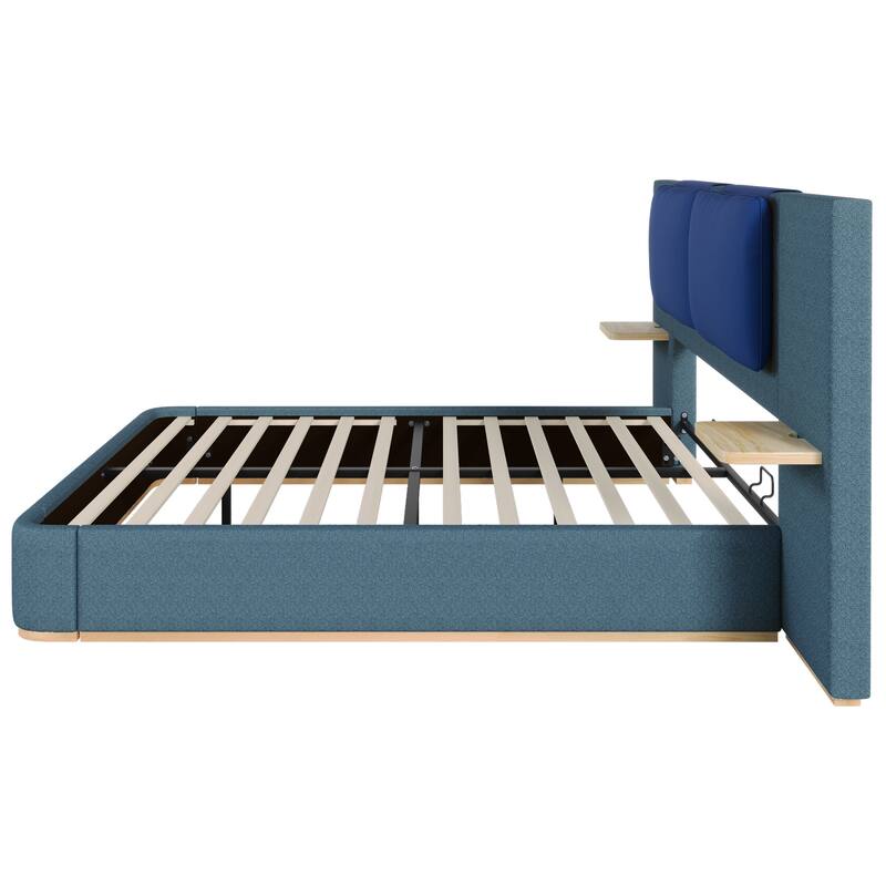 Queen Upholstered Platform Bed with Storage, Soft Rounded Corners, No Box Spring Needed, Easy Assembly, Blue