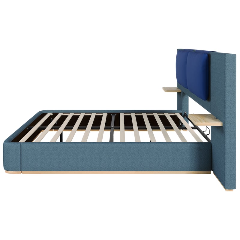 Roomfitters Queen Size Upholstered Platform Bed Frame, Modern Panel Headboard with Rounded Corners, Solid Wood Slats