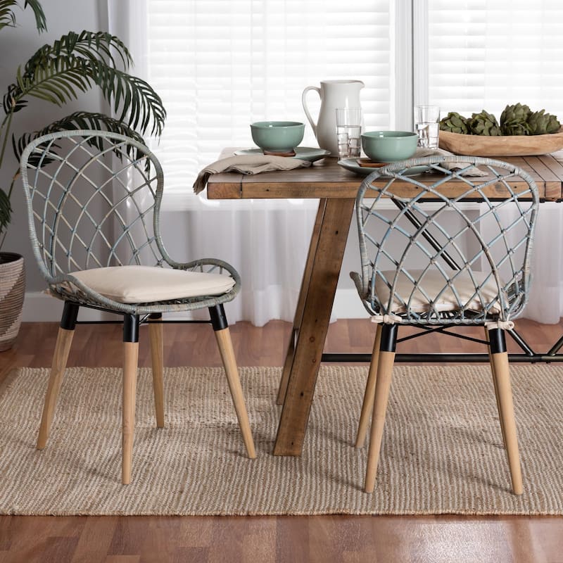Sabelle Modern Bohemian Natural Brown Finished Teak Wood and Light Blue Rattan 2-Piece Dining Chair Set