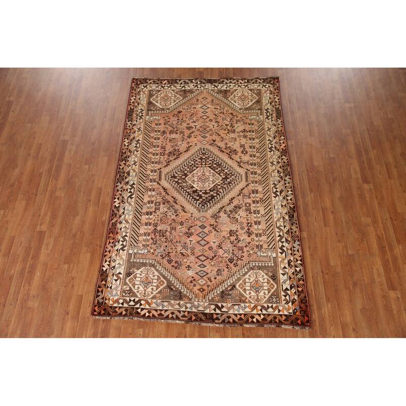 Hand Knotted Oriental 100% Wool Carpet Traditional Tribal Peach Shiraz Area Rug - 8' 7'' X 5' 6''