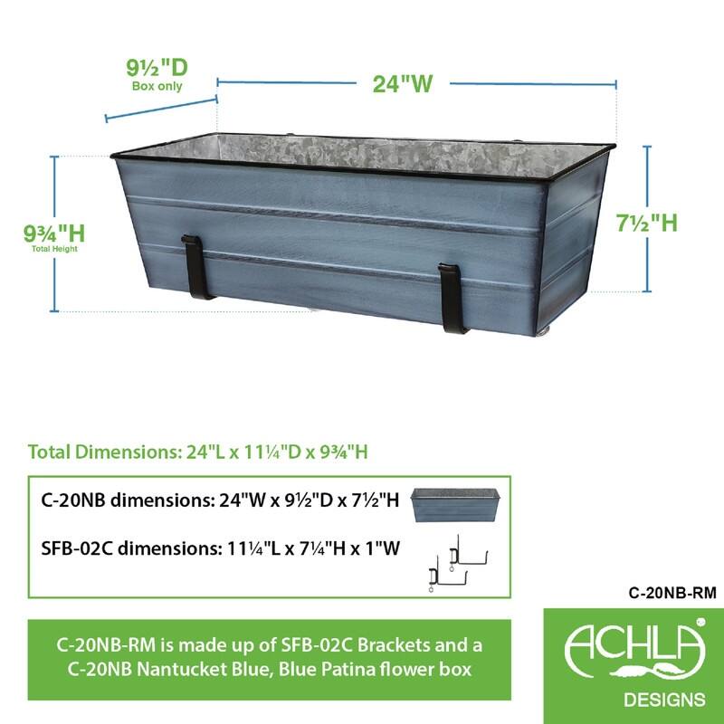 Achla Designs 24" W Rectangle Galvanized Steel Flower Box w/Black Wrought Iron Clamp-On Brackets, Planter