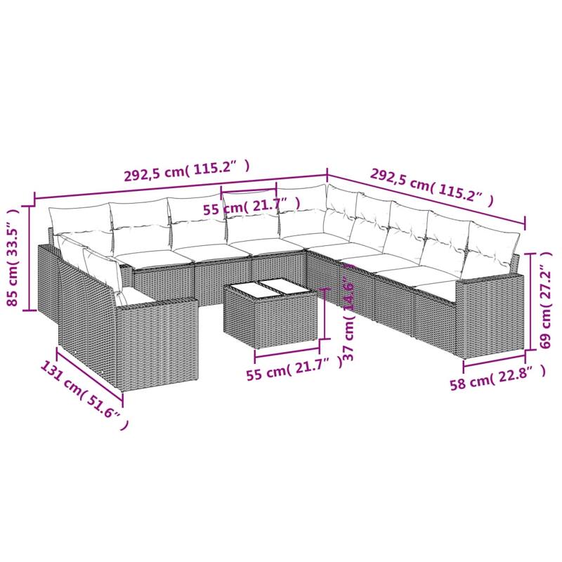 vidaXL 11/12 Piece Patio Sofa Set with Cushions Black Poly Rattan - 24.4" x 24.4" x 27.2"