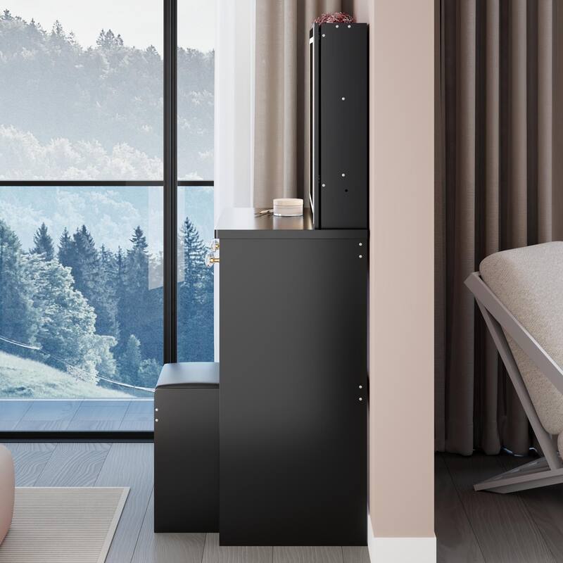 Middle Size Left Bedside Cabinet Vanity Table + Cushioned Stool,Large Right sliding mirror,Multi Layer High Capacity Storage