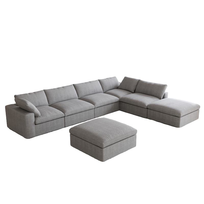 160 in. Free Combination Overstuffed Down Filled Comfort Linen U-shape 6-Seat Sofa Modular Sectional with Ottoman