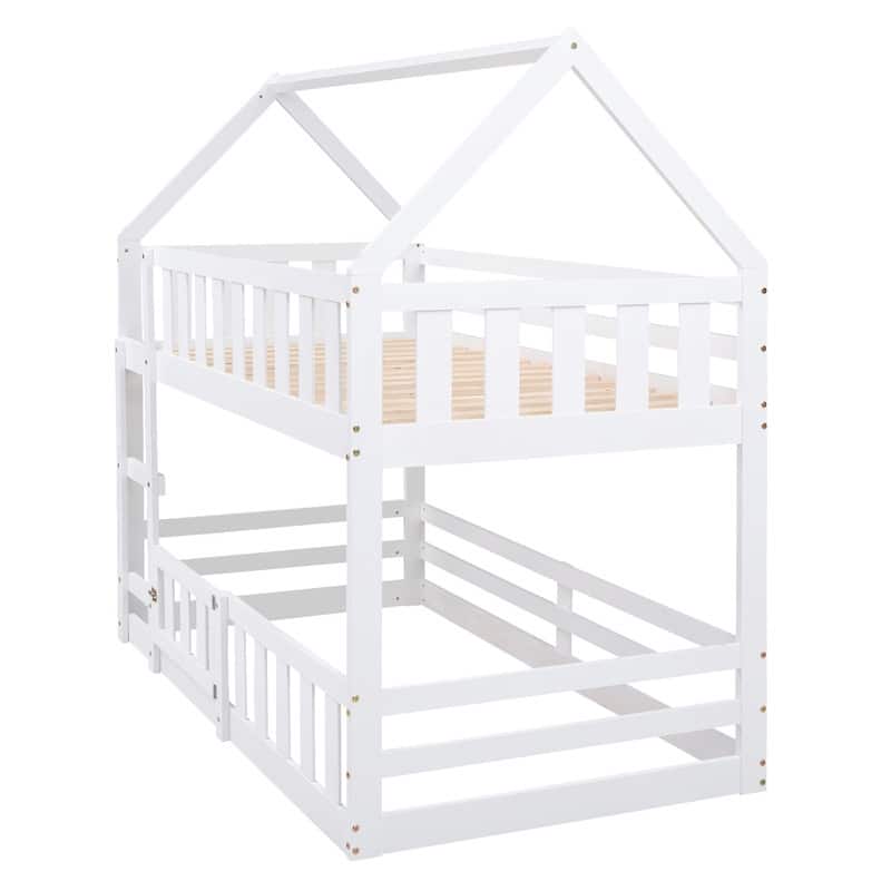 Wooden Twin over Twin House Bunk Bed with Fence and Door
