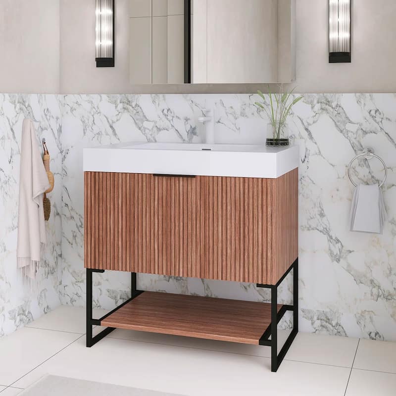 Freestanding Bathroom Vanity with White Integrated Solid Surface Sink