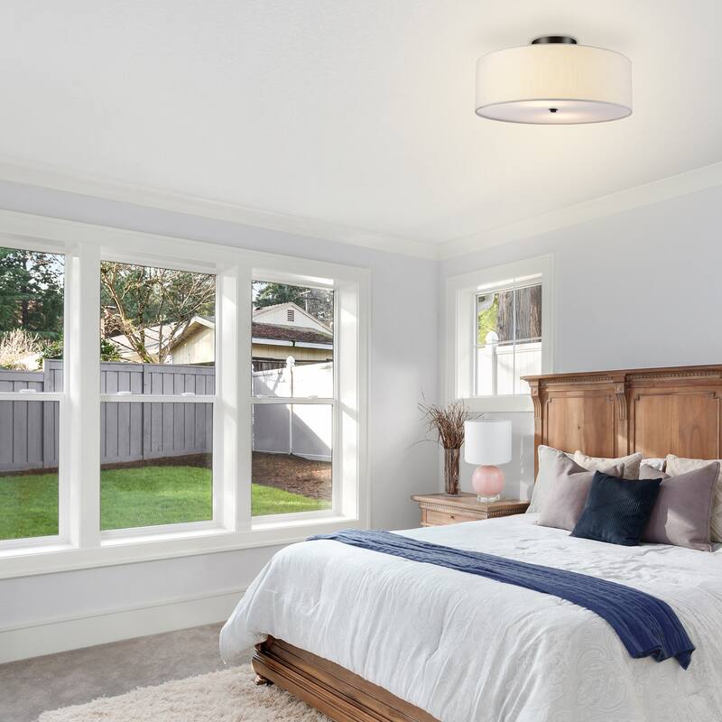 2-Light Dark Bronze Flush Mount Ceiling Light, White Linen Shade - 15.9