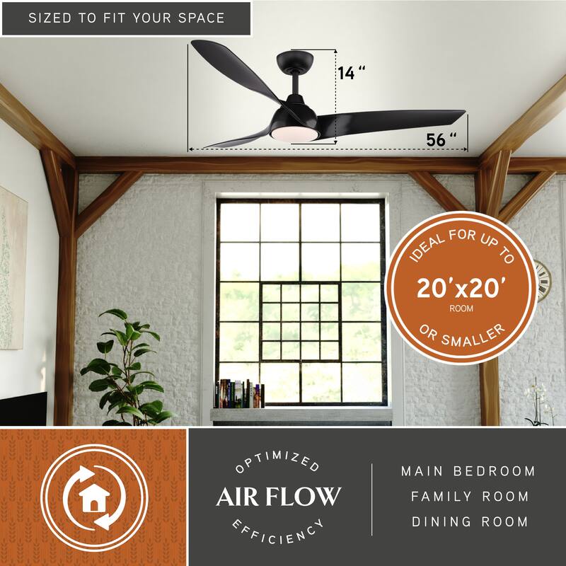 VAXCEL Crest Hill 56 in. Matte Black Indoor Ceiling Fan, Dimmable Integrated LED Light Kit, Remote Control, DC Motor