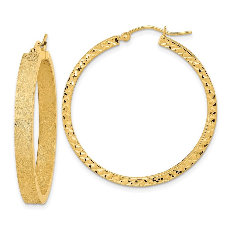 Curata 14k Yellow Gold Satin and Textured Edge Hoop Earrings 35.97x4mm