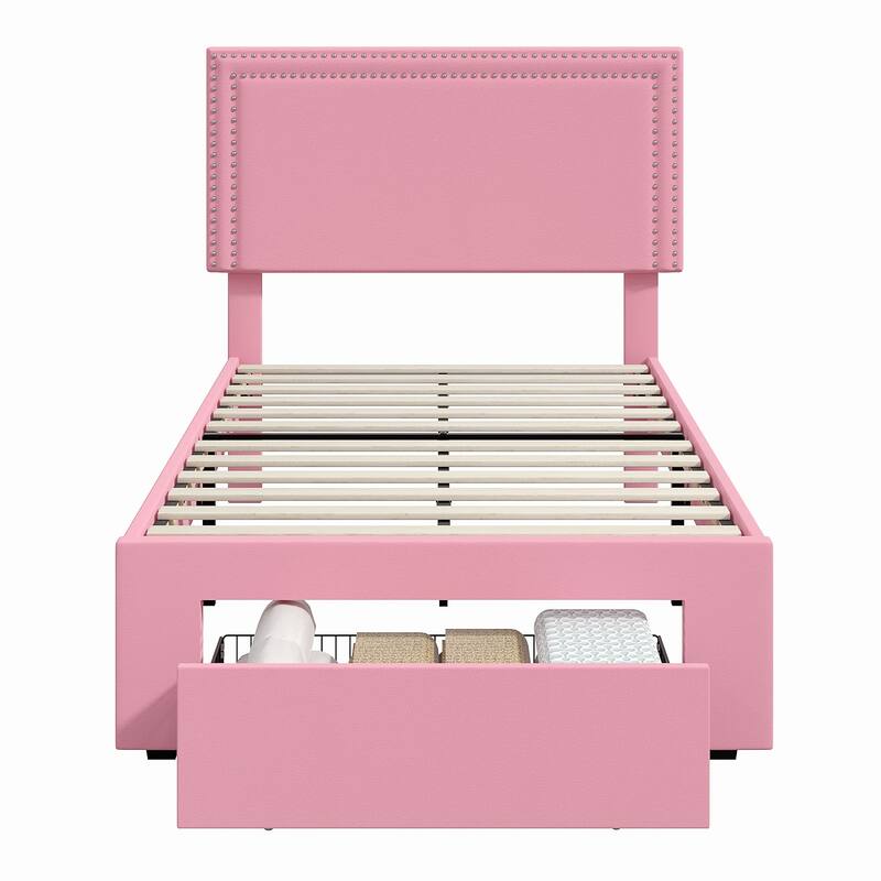 VECELO Upholstered Storage Bed Frames with 4 Storage Drawers, Platform Bed Frame with Adjustable Velvet Rivets Headboard