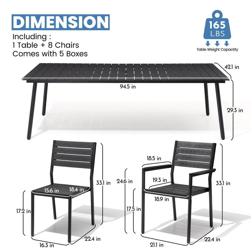 9-Piece Outdoor Patio Dining Set Wood-Like Table Top Alumium Umbrella Hole Table with Stackable Dining Chairs