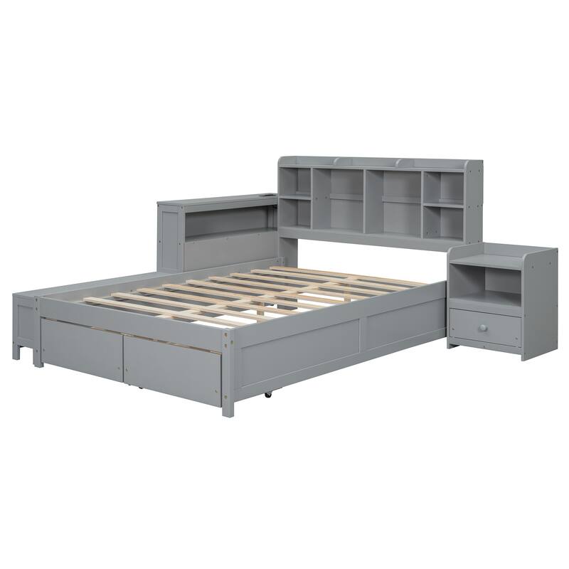 Full Size Wooden Platform Bed with Storage, Nightstand, 2 Drawers, USB Ports and Desk