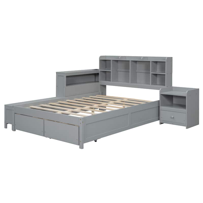 Modern Platform Storage Bed Wooden Full Bed Frame with Nightstand, 2 Drawers and Bookshelf, No Box Spring Needed