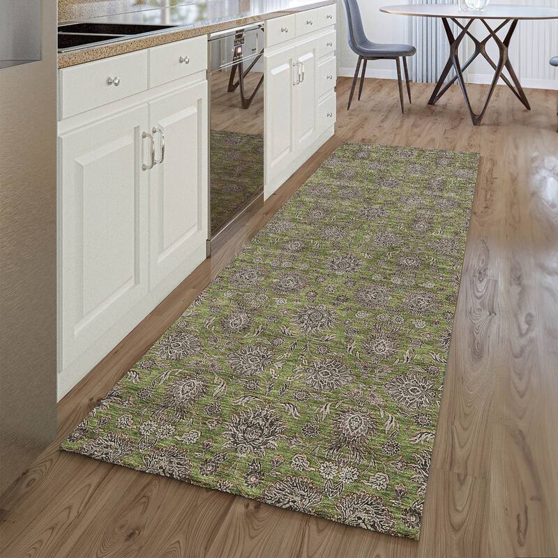 Premium Washable Super Soft Floral Borderless Mayfield Rug - Olive - 2' 3" x 7' 6"