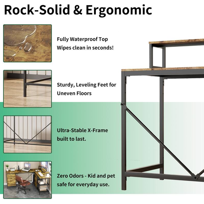 Industrial L-Shaped Desk with Power Outlets, 6 Fabric Drawers & 3 Shelves, Large Corner Office Gaming Desk