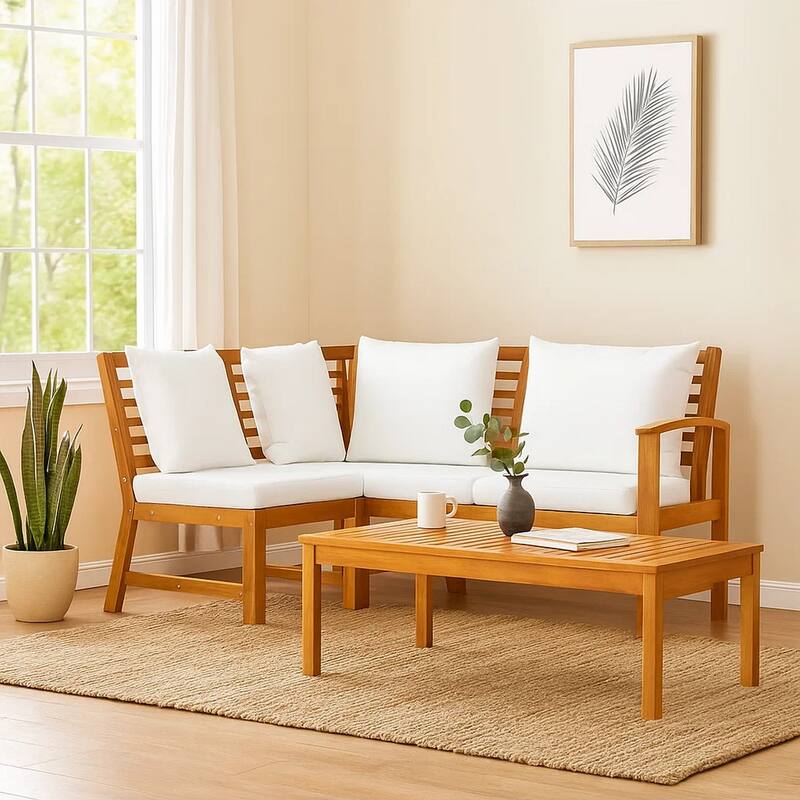 Roma 4pc Modular Outdoor Sofa and Table Set, Solid Acacia Wood, White