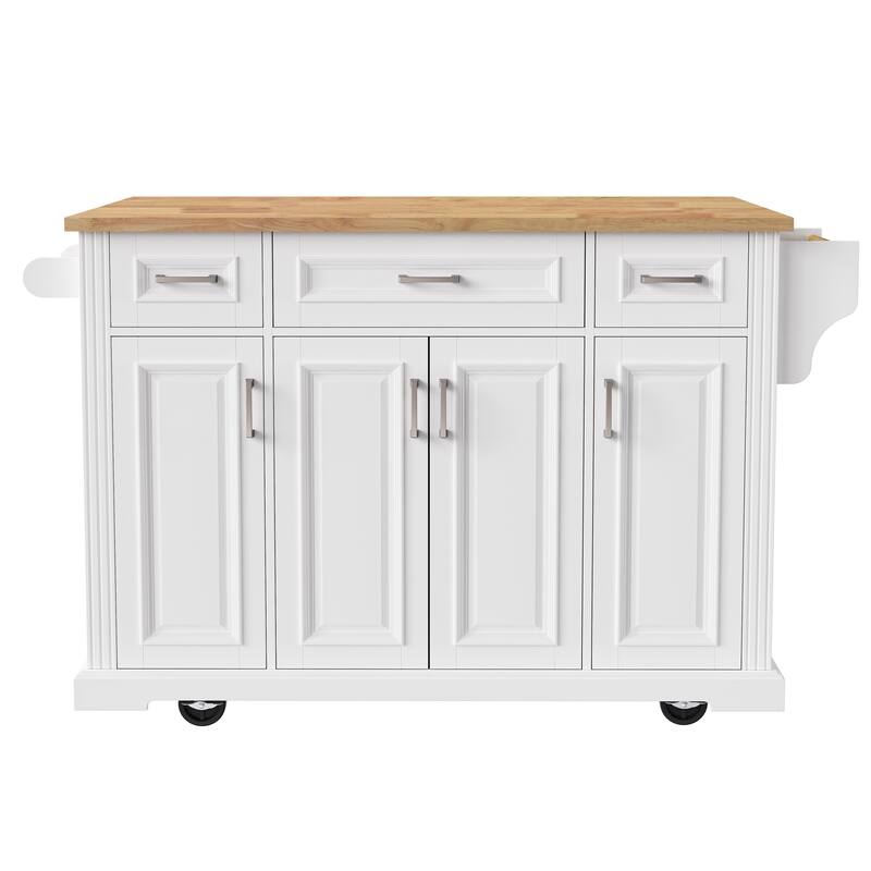 54" Wood Rolling Kitchen Island with Drop Leaf,4 Doors and 3 Drawers