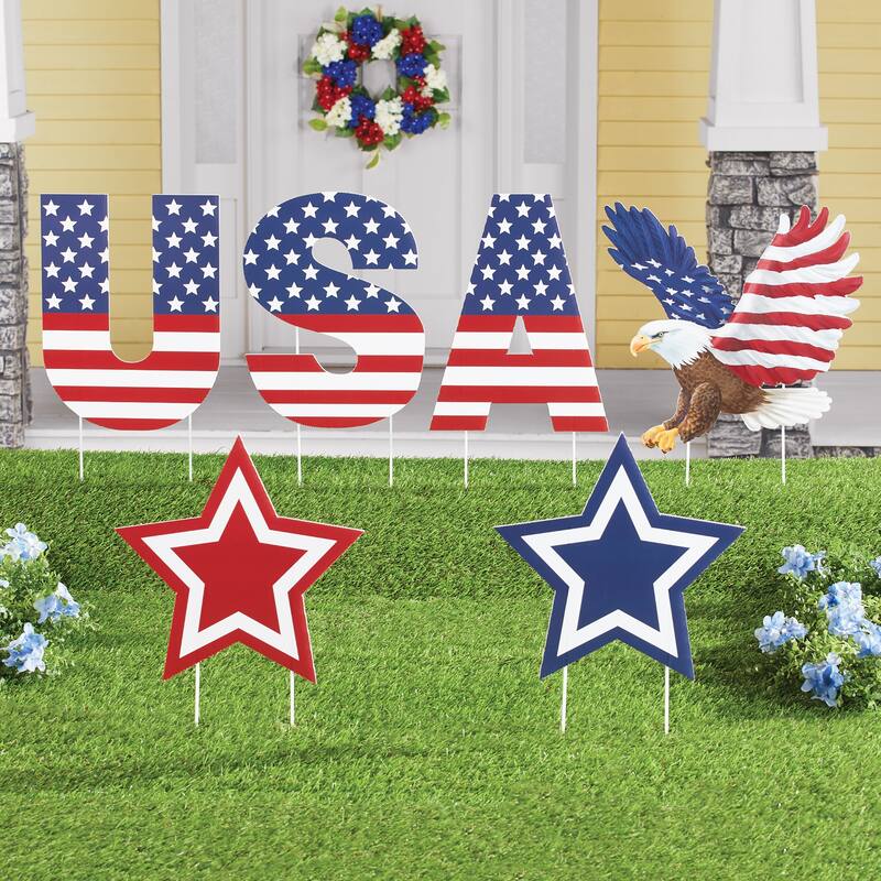 USA Patriotic 4th of July Garden Stakes - Set of 6 - 9.87 x 13 x 0.25 - Red - Plastic