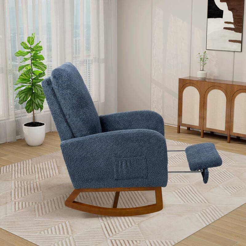 Nursery Rocking Chair, High Back Glider with Retractable Footrest, Side Pocket, Rubberwood Legs for Living Room, Bedroom