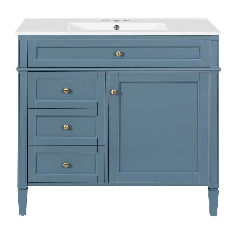 Modern Single Sink Bathroom Vanity Cabinet with Door Rack, Tip-out Drawer, 2 Pull-out Drawers, Metal Knobs and Adjustable Shelf