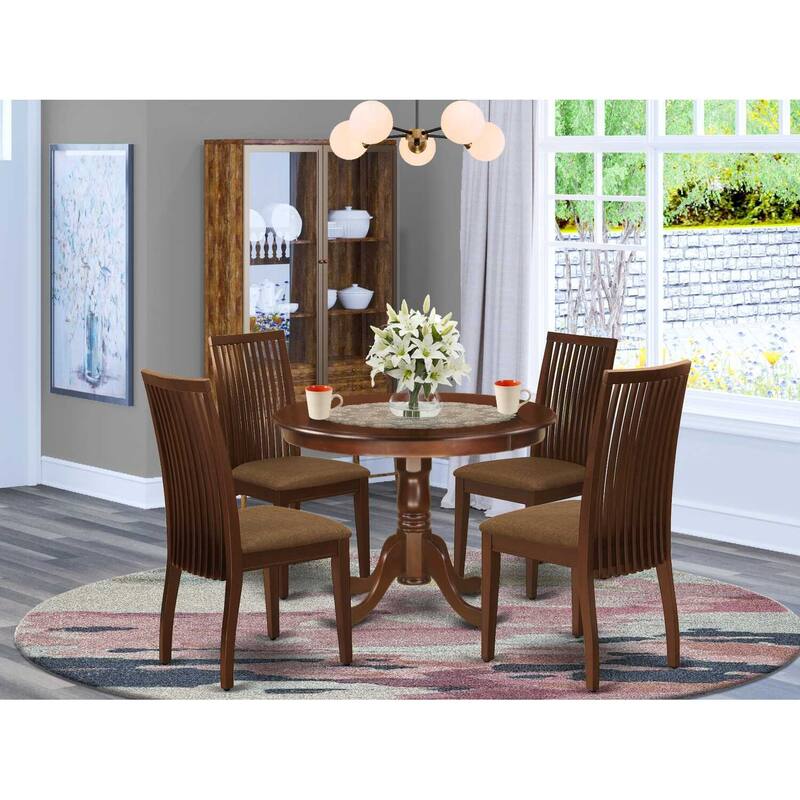 HomeStock 5-Piece Round Mahogany Finish Solid Wood Top Dining table with 4 Chairs with Lattice Back