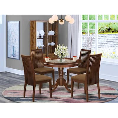 HomeStock 5-Piece Round Mahogany Finish Solid Wood Top Dining table with 4 Chairs with Lattice Back