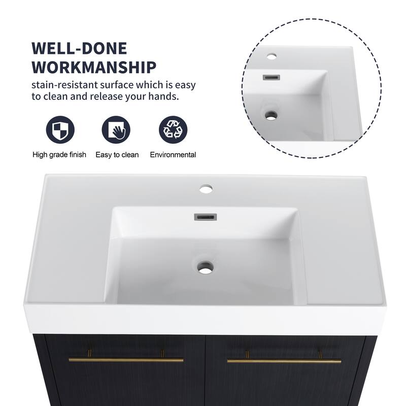 Modern Bathroom Vanity with Resin Sink, Soft-Closing Hinges, Eco-Friendly Plywood Base, Black Chestnut Finish - 35.4in L Plywood