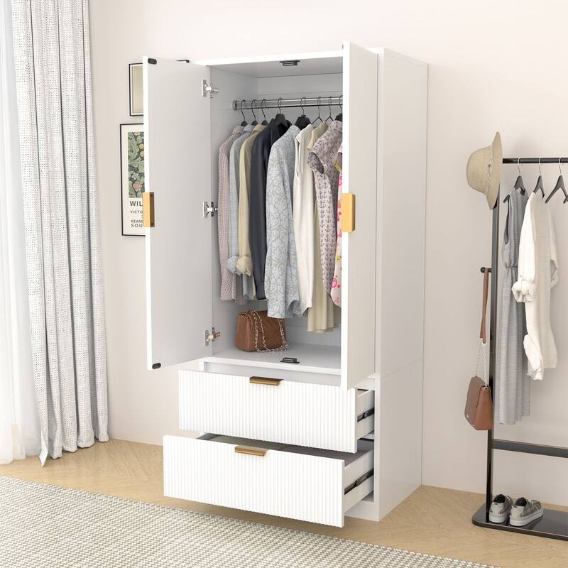 Meyreso Fluted Armoire Wardrobe Closet Storage Cabinet with 2 Doors & 2 Drawers - N/A