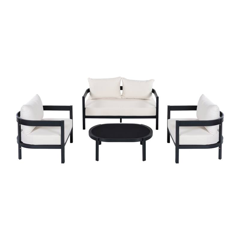Christopher Knight Home - Modern 4-Piece Outdoor Aluminum Patio Conversation Set with Oval Glass Coffee Table & Thick Cushions