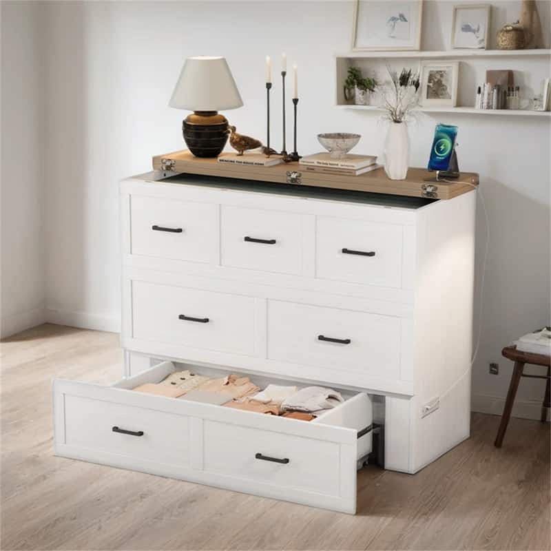 Full Size Wood Murphy Bed with Charging Station and Drawer