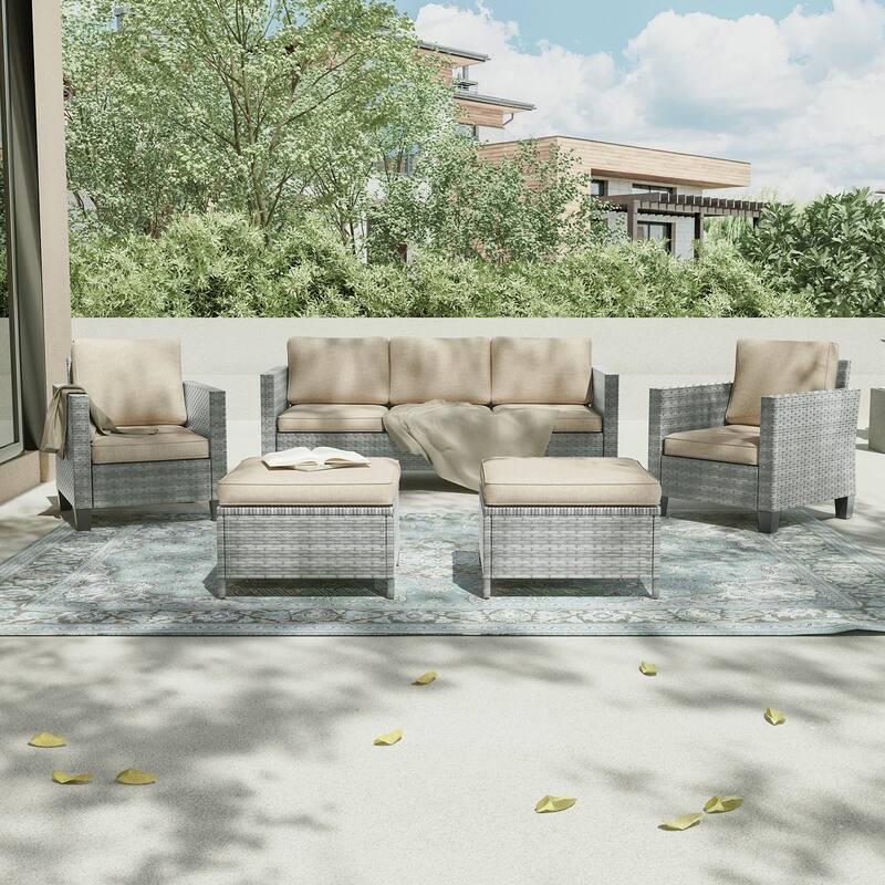 LIVOOSUN 5Pcs Patio Furniture Set Grey Rattan Coversation Seating Set - Gray/Beige