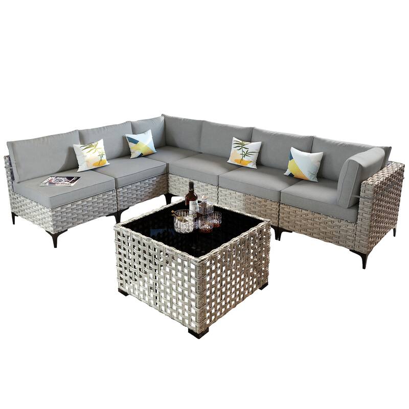 OVIOS 7 Pieces Outdoor Wicker Furniture Set With Solar-Powered Coffee Table