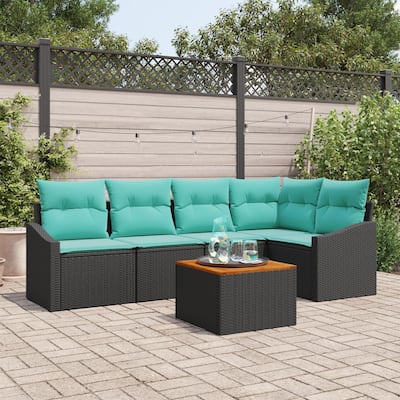 vidaXL 6 Piece Garden Sofa Set with Cushions Black Poly Rattan Acacia - 91.9×48.6×27.2