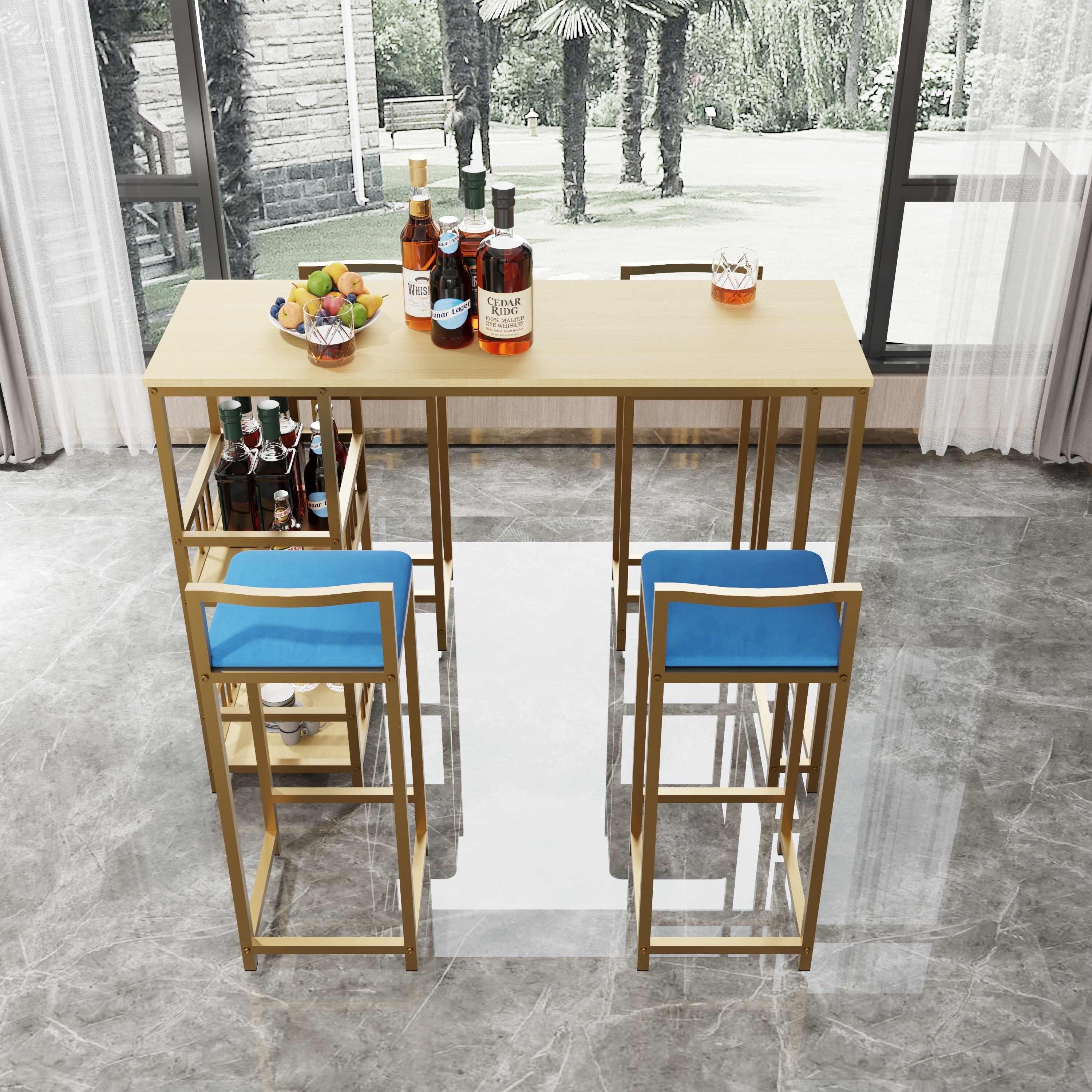 Bar Table And Chair Five Piece Set, Gold Frame, Multi-Layer Tabletop, Chair Cushion And Backrest Made Of Sponge