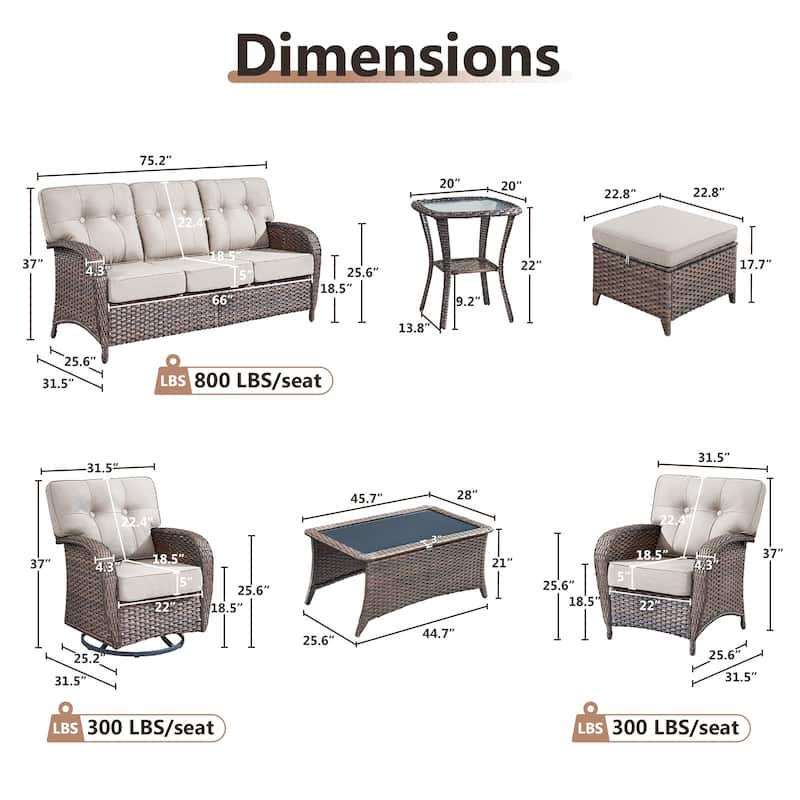 TWrap 9-Piece Patio Brown Wicker Sofa Conversation Set with 5-Inch Thick Cushions