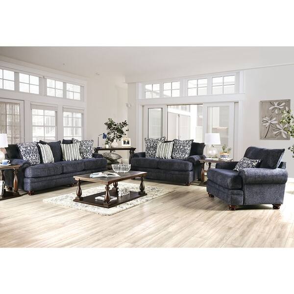 slide 1 of 11, Furniture of America Slay Traditional Navy Chenille 3-piece Sofa Set