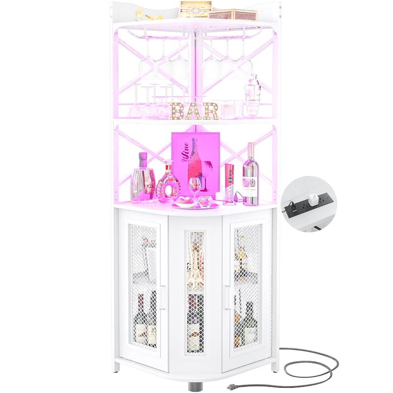 Corner Bar Cabinet with Charging Station and Ambiance Light, Liquor Display Storage Shelves with Glass Holder - Brown