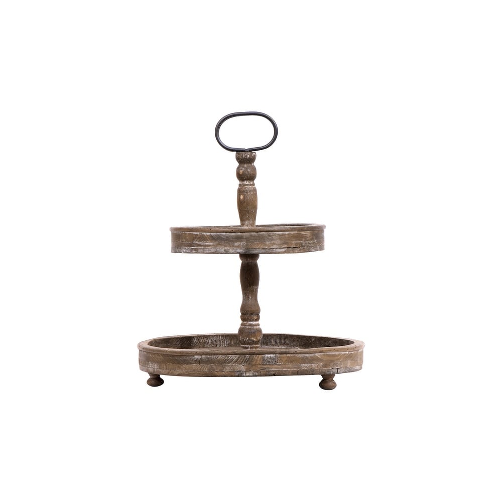 Distressed Wood 2-Tier Tray with Metal Handle