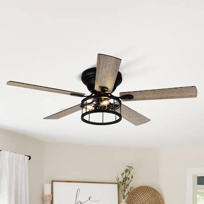 Industrial 52" Black 5-Blade Ceiling Fan with Light Kit and Remote