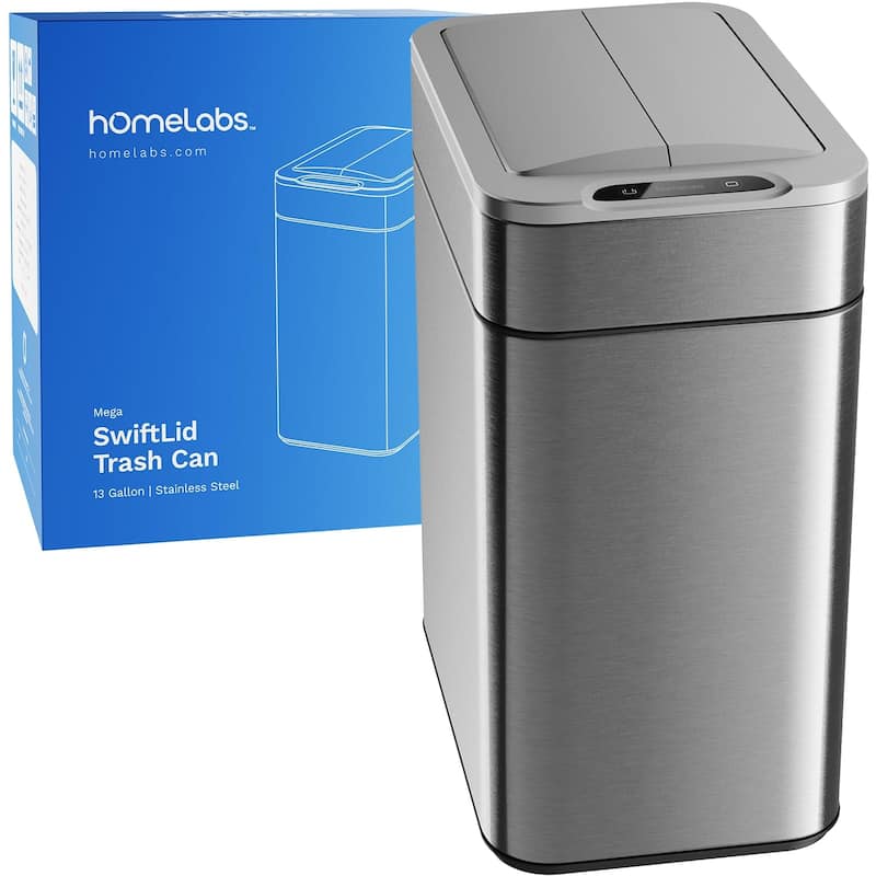 hOmeLabs 13 Gallon Kitchen Trash Can - Retractable Sensor Butterfly Lid, Easy Clean, Battery-Operated - Stainless Steel - Stainless Steel - 13 Gallon