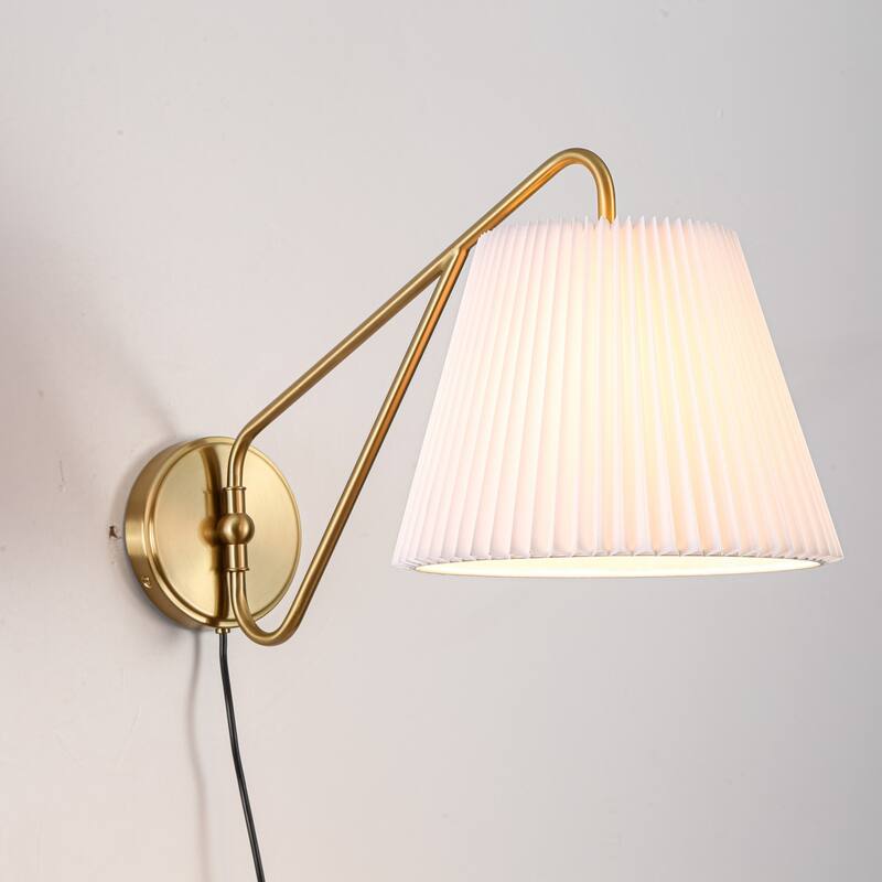 1-Light Mid-Century Modern Pleated Fabric Shade Gold Iron Plug-In Wall Sconce for Bedroom - 12 in. W x 24.2 in. D x 12.9 in. H