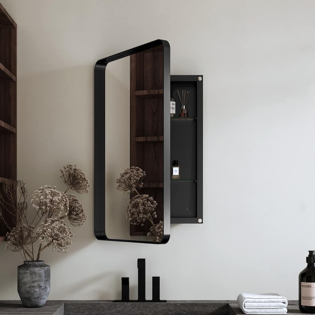 GDF Studio - Rosita 20x30 Inch Recessed Metal Framed Medicine Cabinet with Mirror and Adjustable Shelves - Matte Black