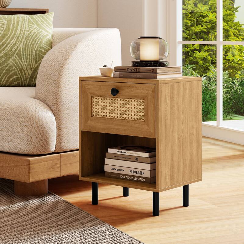 Rattan Nightstand Boho End Table with Rattan Drawer & Open Shelf