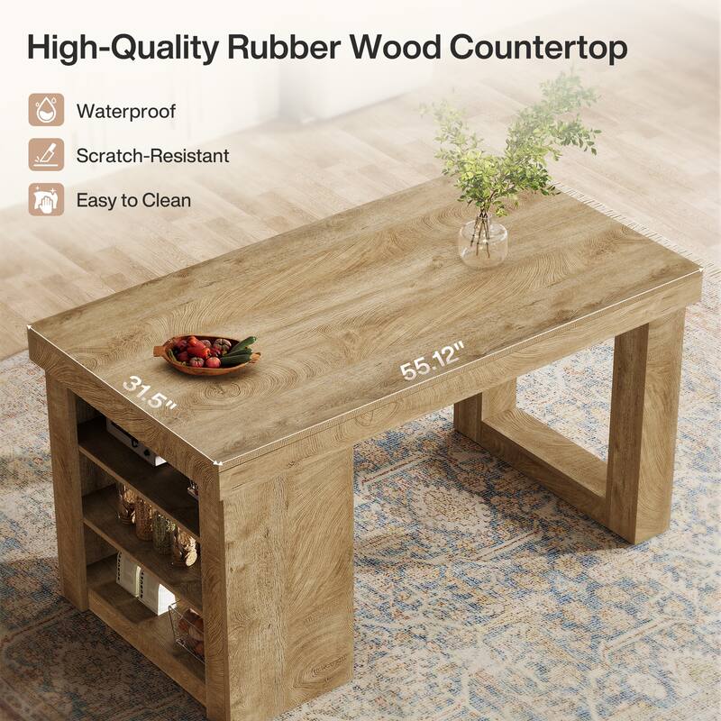 Kitchen Island with Storage Shelf, 55" Farmhouse Prep Table