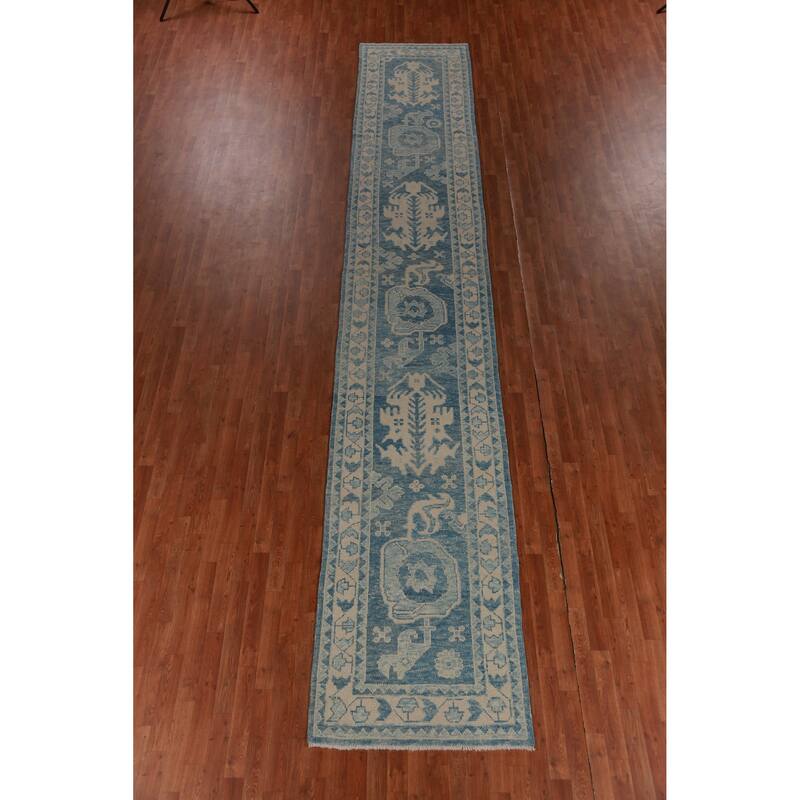 Hand Knotted Oriental 100% Wool Carpet Transitional Geometric Navy Blue & Blues Oushak Runner Rug - 18' 8'' X 3' 2''