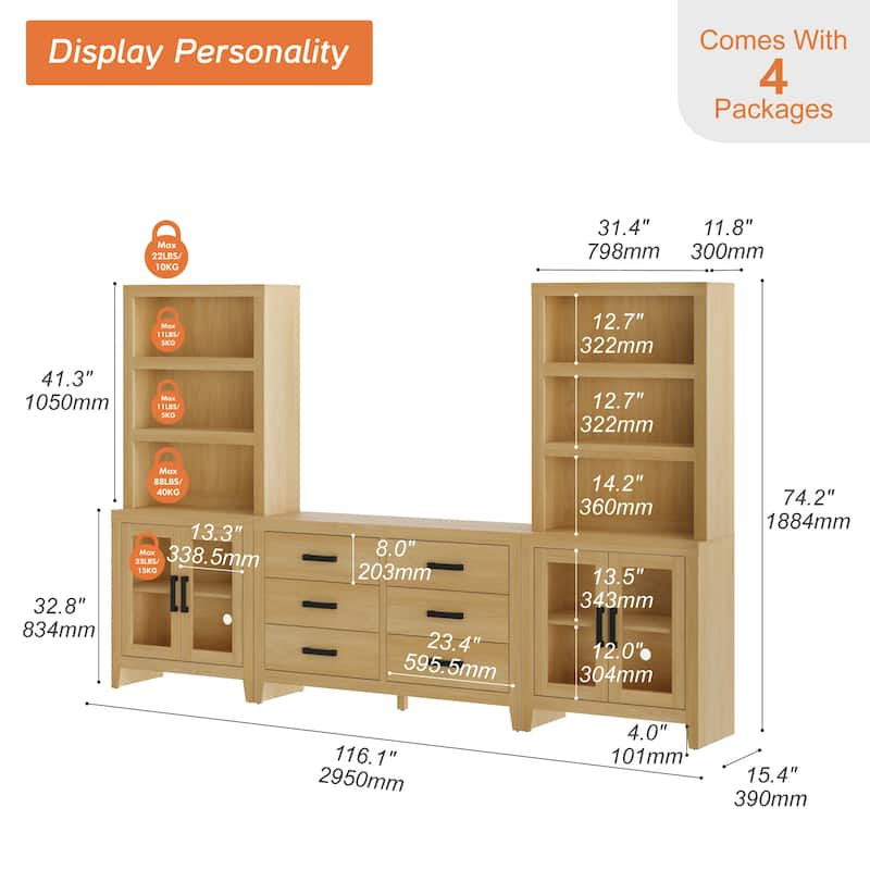 WAMPAT Farmhouse Entertainment Center with Bookshelves, Media Console with Glass Doors & 6 Storage Drawers