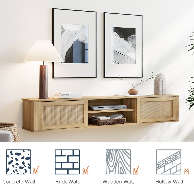 WAMPAT Floating TV Stand Shelf with Power Outlet and 2 Rattan Doors