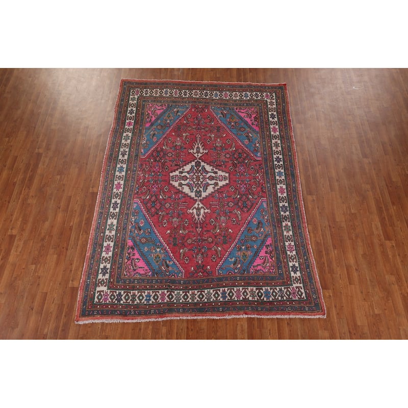 Pink & Turquoise Hamedan Persian Vintage Area Rug Handmade Wool Carpet - 6'10" x 9'8"