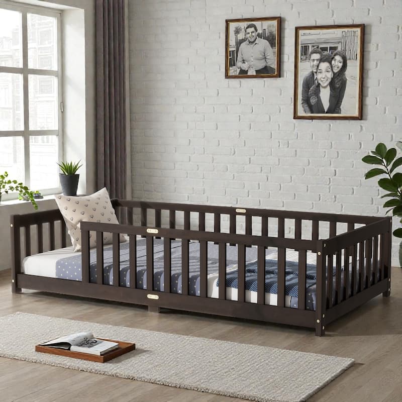 Floor Bed with Fence, Solid Rubber Wood Montessori Floor Bed with Safety Guardrails - Espresso - Twin