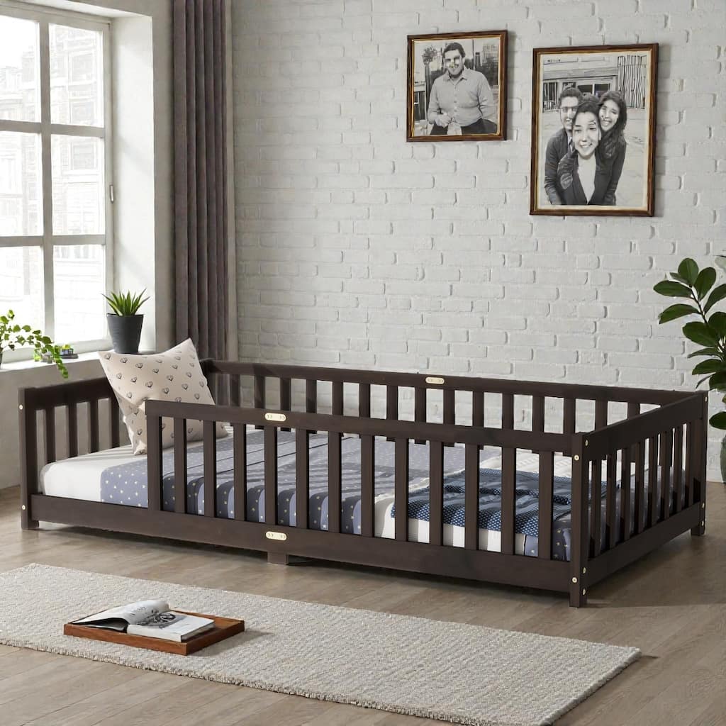 Floor Bed with Fence, Solid Rubber Wood Montessori Floor Bed with Safety Guardrails